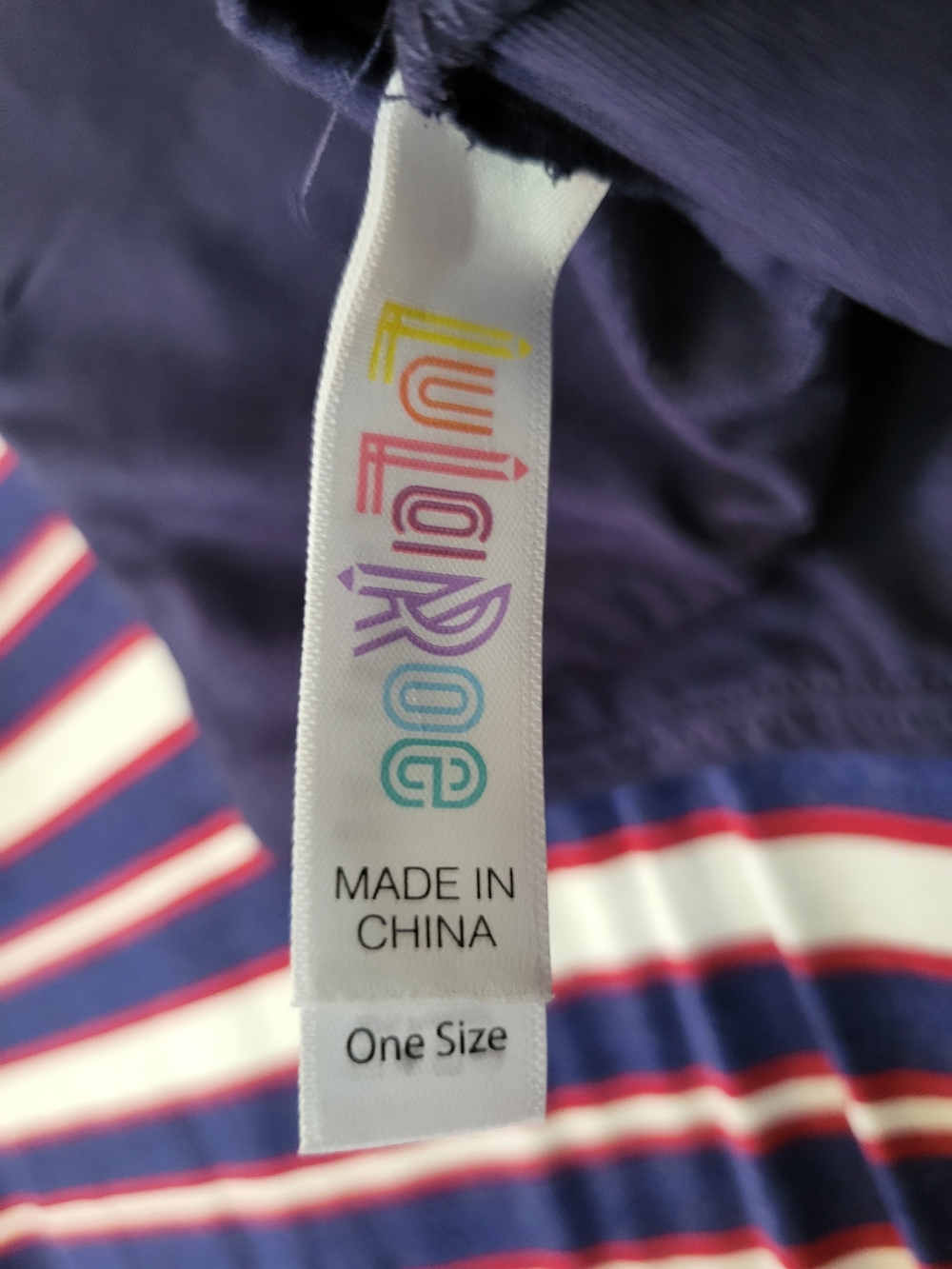 LuLaRoe Classic Striped Scoop Neck Top - Navy, White & Burgundy w Blue Leggings - Picture 2 of 5